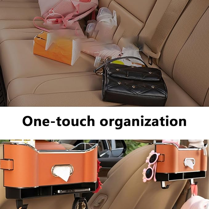 Multifunctional Car Seat Back Storage Box, Car Seat Tissue Box and Storage Box, Universal Car Tissue Organizer Back Seat with 2 Drink Cup Holder (White)