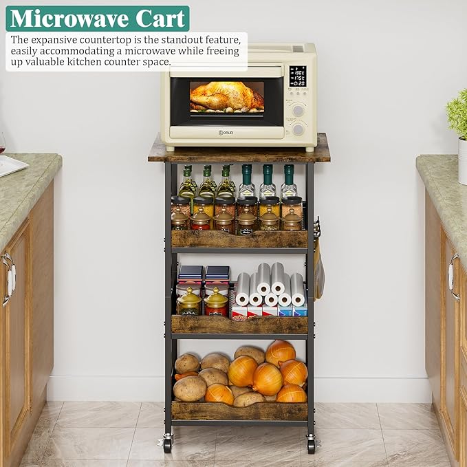 Giwil 4-Tier Rolling Kitchen Cart, Microwave Stand with Wooden Top Coffee Station Table Snack Rack Organizer, Utility Cart on Wheels for Onions Potatoes, Black