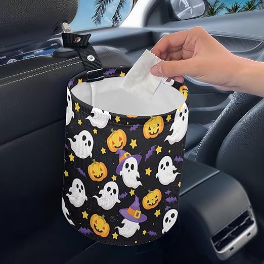 Cute Ghost Pumpkins Hanging Car Trash Bag Vehicle Trash Can with Adjustable Buttons Collapsible Multipurpose Auto Storage Bag Road Trip Essentials