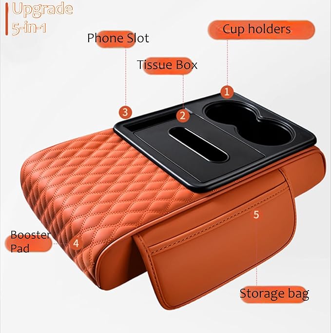 Car Center Console Armrest Pad, Arm Rest Box Cushion with Ergonomic Height Boost, Storage Pockets, Built-in Tissue Box, Cupholder, Fit for Most Sedan Vehicles (Embroidery Water Ripple, Burgundy)