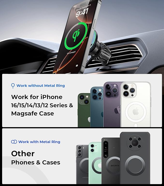 Car Mount for Qi2 MagSafe Wireless Charger, 2-in-1 Dashboard and Air Vent Mount, Strong Adhesive, Heat Resistant, 360° Rotation, Magnetic Phone Holder for Your Car Accessories for iPhone 16 Pro Max
