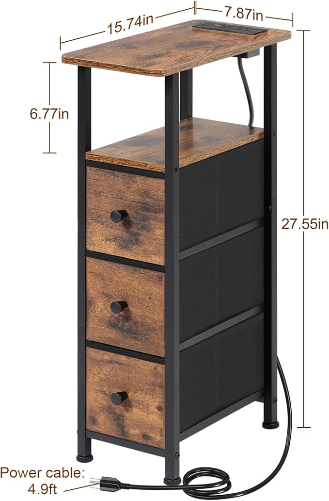 Narrow End Table Living Room with Charging Station, Skinny Side Table with Fabric Drawers, Slim Nightstand for Bedroom, Small Spaces, Couch, Brown, HETNDP03BR-1