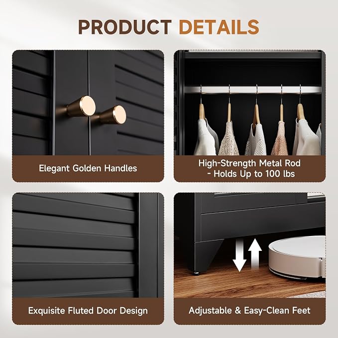 Letaya Armoire Wardrobe Closet,20" Deep Metal Wardrobe Cabinet with Doors and Shelves,Hanging Rod Clothing Storage Cabinets for Home RoomBlack