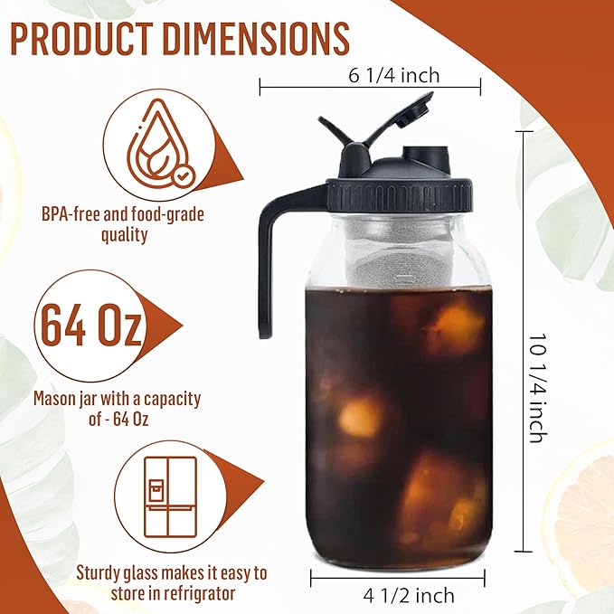 Glass Cold Brew Coffee Maker – 64 oz (2 Quart / 1.9 Liter) – Mason Jar Iced Coffee Pitcher, Durable Glass, with Stainless Steel filter, leak proof wide mouth lid and handle
