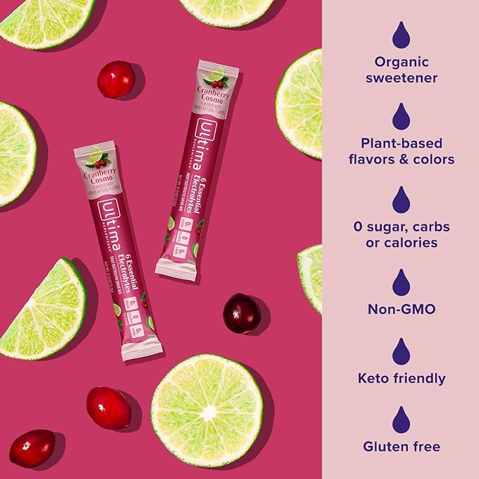 Ultima Replenisher Daily Electrolyte Powder – Cranberry Cosmo, 16 Stickpacks – Zero Sugar Hydration Packets with 6 Key Electrolytes and Trace Minerals – Sugar Free & Keto Friendly Drink Mix