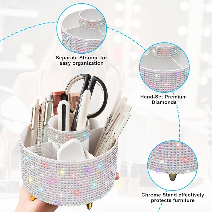 Diesisa Bling Diamond 360° Makeup Brush Holder Organizer, Rotating Makeup Brush Organizer,5 Slot Make up Brushes Cup for Cosmetics, Vanity Desktop Organizer, Gift for Women Teen Girls- Diamond White