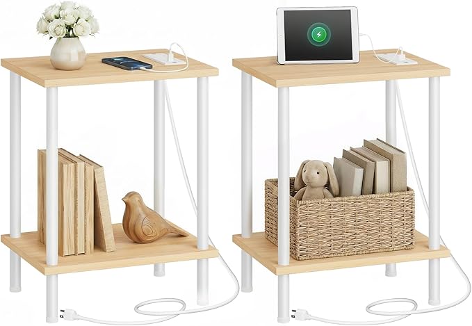 HOOBRO Side Table with Charging Station, Set of 2 End Tables with USB Port and Outlets, Nightstand with 2-Layer Storage Shelves for Small Spaces, Living Room, Bedroom, Natural and White WN09UBZP201
