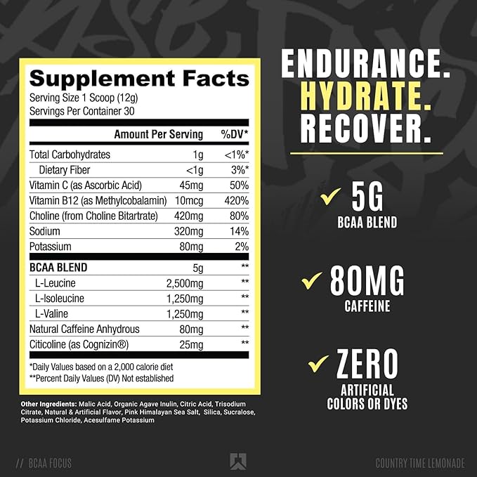 RYSE BCAA Focus Powder - Country Time Lemonade - BCAA Supplement with Electrolytes, Natural Caffeine & Cognizin Supports for Hydration, Recovery, Energy, and Focus for Men & Women - 30 Servings