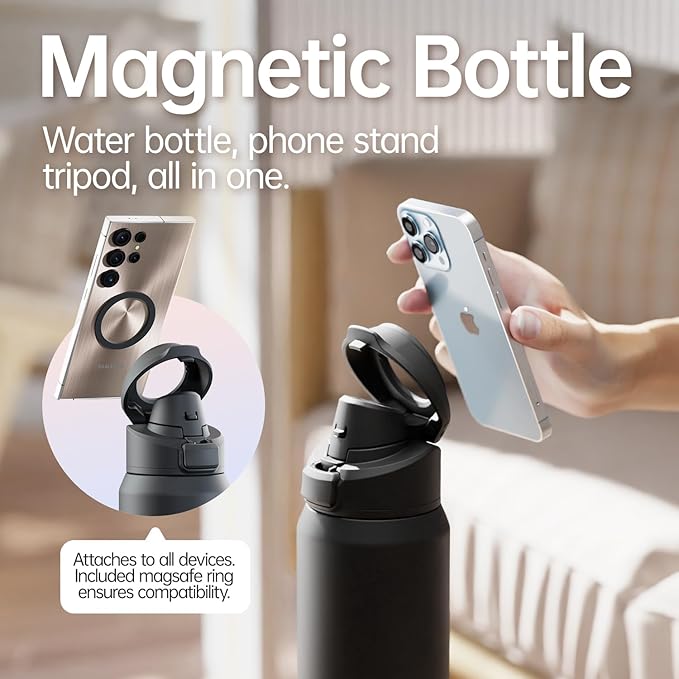64oz Insulated Magnetic Water Bottle - Stainless Steel Vacuum Flask with MagSafe Compatible Phone Holder Keeps Drinks Cold for 24 Hours Water Jug for Gym and Outdoor Activities（Balck)