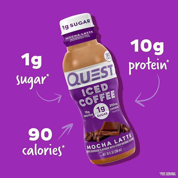 Quest Nutrition Iced Coffee,Mocha Latte,1g Sugar,10g Protein,90 calories,200mg of caffeine,(Pack of 24)