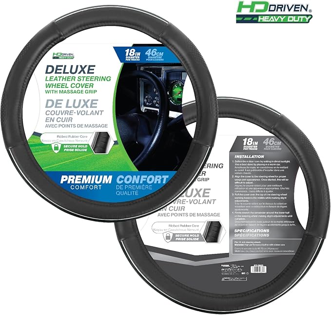 HD Driven SWC Premium Black Leather Steering Wheel Cover with Massage Grip – 18” Diameter for Semi-Trucks, Ribbed Rubber Core & High-Performance Leather, Vehicle Accessories