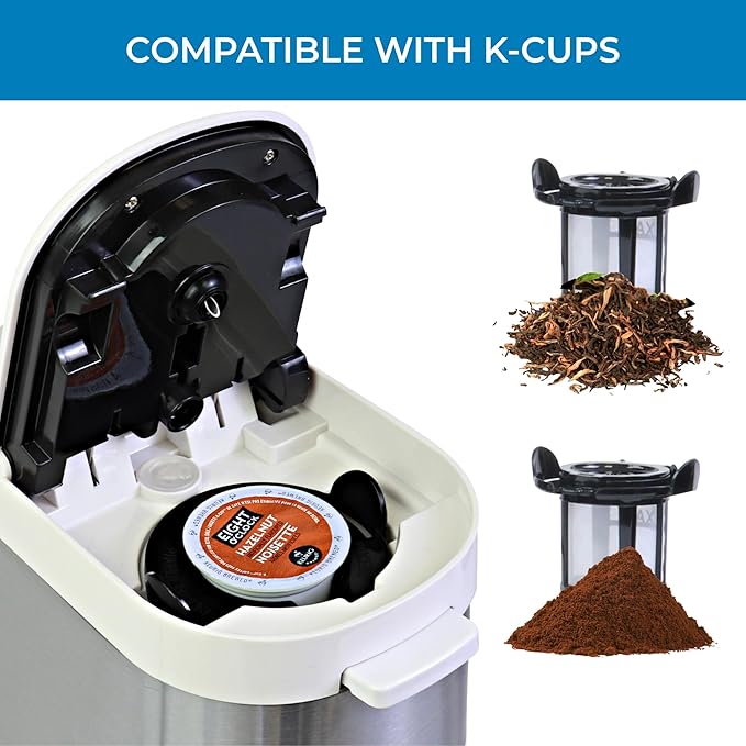 Kenmore Single Serve Coffee Maker – Compatible with Keurig K‑Cup Pods & Ground Coffee, One Cup Brewer, 6–14 Oz Brew Sizes, Travel Mug Friendly, Auto Shut‑Off, Hot & Iced Maquina de cafe, White
