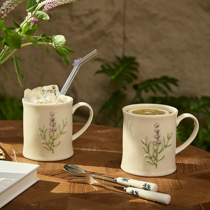 Artisanal Handcrafted Ceramic Mug with Sage Botanical Design - 10oz Off-White Stoneware Coffee Cup, Elegant Purple Sage Pattern, Dishwasher Safe, Comfort Grip Handle for Daily Use-4pack