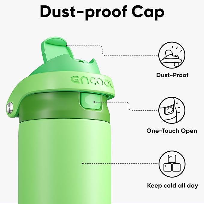 ENCOOL Leakproof Insulated Water Bottle with Straw Dual-Sip Water Bottle Bag-Safe Design for Work, Commute & Gym – Keeps Drinks Cold All Day, 18 oz, Algae Green