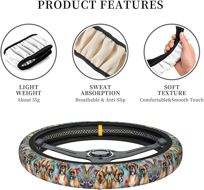 Boxer Dog Florals Mint Flowers Neoprene Steering Wheel Covers Women Men Car Accessories, Universal 15 Inch Fit Auto, Suvs, Truck
