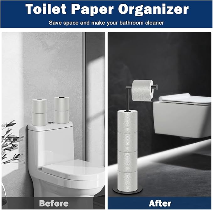 NearMoon Bath Toilet Paper Holder Stand- Modern Tissue Roll Holder Standing with Balanced Base, Rustproof Toilet Roll Holder for Bathroom/Kitchen Countertop (Matte Black, Metal Base)