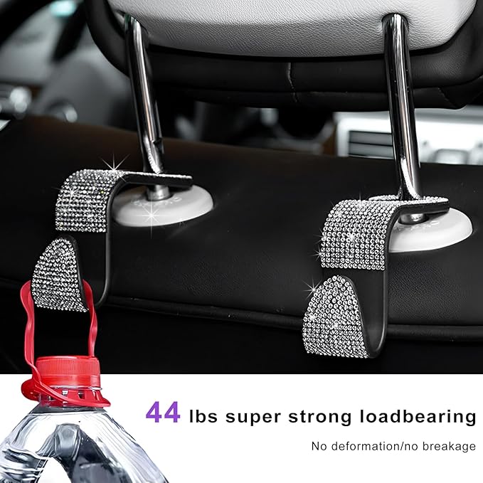 4 PCS Car Seat Headrest Hooks, Bling Crystal Rhinestone Back Seat Hanger Storage Organizer, Sparkly Seatback Holder Hooks for Purse and Bags Universal For Most Vehicles (Silver)