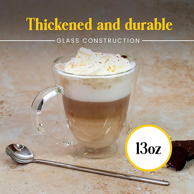 AYL Double Wall Glass Coffee Mugs - 13 oz Insulated Clear Latte Mugs Set of 2, Perfect for Espresso, Cappuccino, Latte, Tea - Elegant Glass Coffee Cups