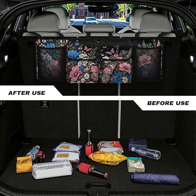 Car Trunk Organizer, Large Auto Backseat Hanging Organizer, Thick Backseat Storage Bag with Pockets, Car Trunk Tidy Storage Bag with Lids Decoration,Black Floral Butterfly Garden