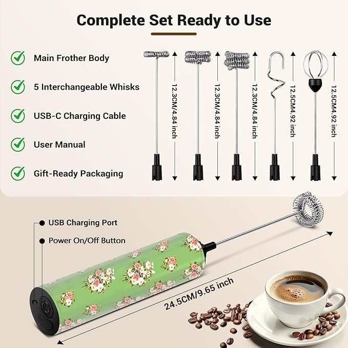 Milk Frother Handheld Rechargeable - 2-Speed Electric Whisk with 5 Detachable Heads (Frother/Mixer/Whisk) for Coffee, Latte, Cappuccino & Matcha, Drink Mixer (Flower 9)