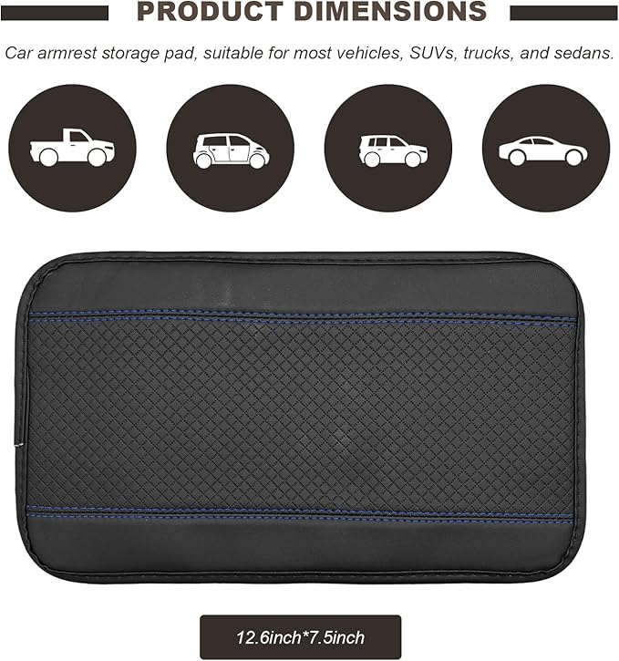 Car Armrest Storage Box Mat, Leather Embossing Auto Center Console Cushion Protective Pad, Anti-Scratch Waterproof Armrest Seat Box Protector for Most Cars Trucks SUVs (Black & Blue)