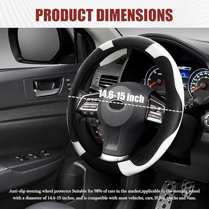 Car Steering Wheel Cover, Steering Wheel Protector, Universal 14.5-15 Inch Microfiber Leather Breathable Auto Steering Wheel Covers, Carbon Fiber Steering Wheel Cover for Women Men (White)