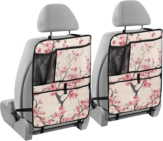 JIPONI Car Backseat Organizer, Japan Cherry Blossoms Automotive Back Seat Protector, Kick Mats with Storage Pockets for Kids Pets, Road Trip Accessories (2 Pack)