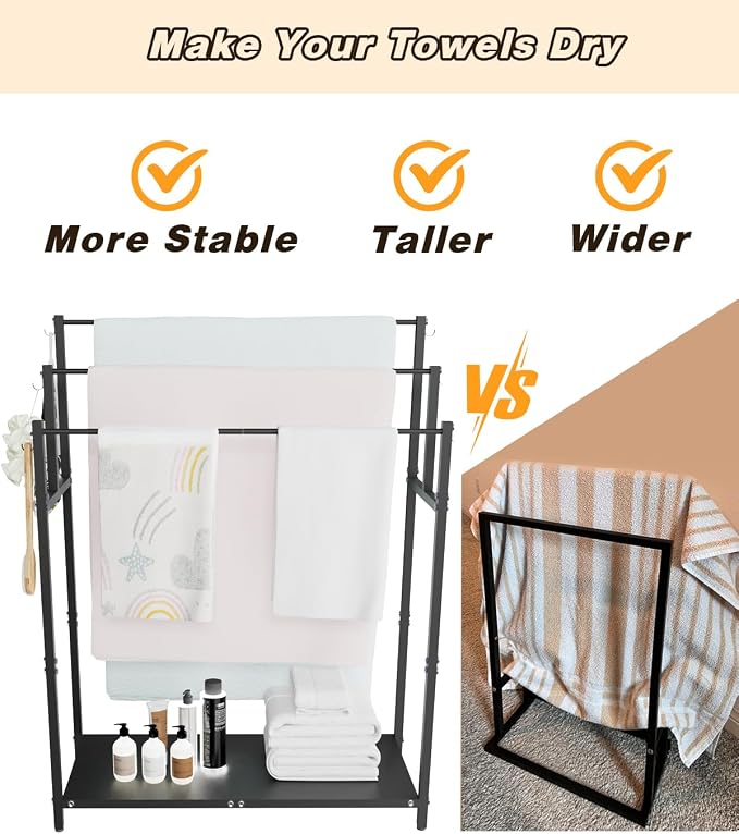 Mondazie 44” Tall Free Standing Towel Racks with 6 Hooks for Bathroom, 3 Tiers Oversized Pool Bath Towels Drying Stand, Metal Blanket Ladder Holder with Storage Shelf for Bedroom Living Room, Black