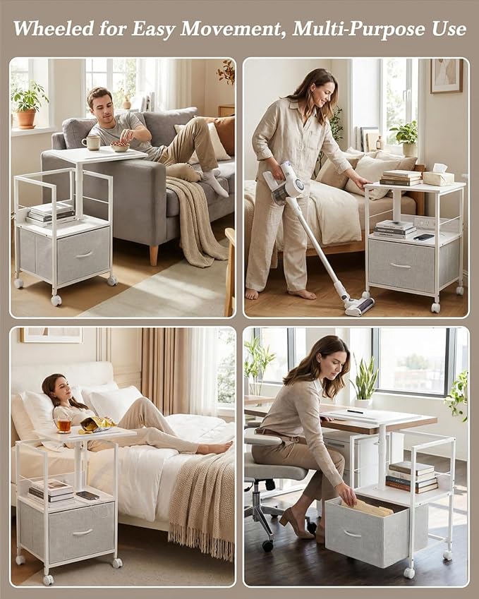 Faesun Swivel Lift Top Nightstand with Charging Station, Rolling Side Table for Recliner, Bedside Table with Wheels & a Fabric Drawer, for Small Spaces, for Bedroom, Living Room, White Gray