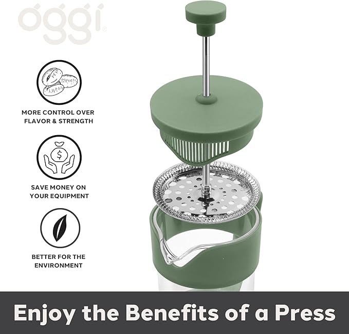 Oggi Borosilicate Glass French Press Coffee Maker (20oz)- 5 Cup Capacity, Coffee Press, Single Serve Coffee Maker, Stainless Steel Lid & Plunger, Make Great Coffee Gifts, Green