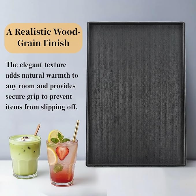 Cedilis 2 Pack Black Rectangular Serving Trays, Non-Slip Plastic Coffee Table Tray, Modern Ottoman Trays for Table Centerpiece, Home Decor, Bathroom, Kitchen Counter