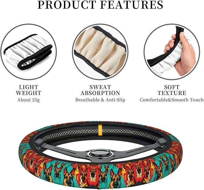 Multi-Color German Shepherd Dog Neoprene Steering Wheel Covers Women Men Car Accessories, Universal 15 Inch Fit Auto, Suvs, Truck
