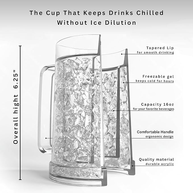 Beer Mugs For Freezer, Double Wall Insulated Plastic Glasses – Freezer Mugs, 16 oz – Perfect Frozen Beer Mugs for Home Bar Accessories, Gifts for Men, 2 Pack