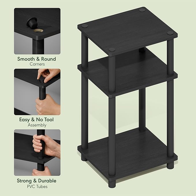 Furinno Turn-N-Tube Side Table, 3-Tier End Table with Open Shelf, Toolless Assembly Night Stand, Bedside Table, for Living Room, Bedroom, Dark Americano