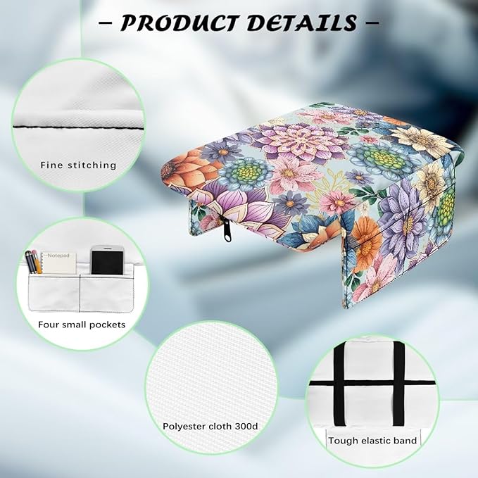 Dreaweet Car Center Console Cover Boho Floral Print Arm Rest Cover for Women Soft Thick Center Console Armrest Pad with Pockets Soft Comfortable Car Armrest Storage Box Mat