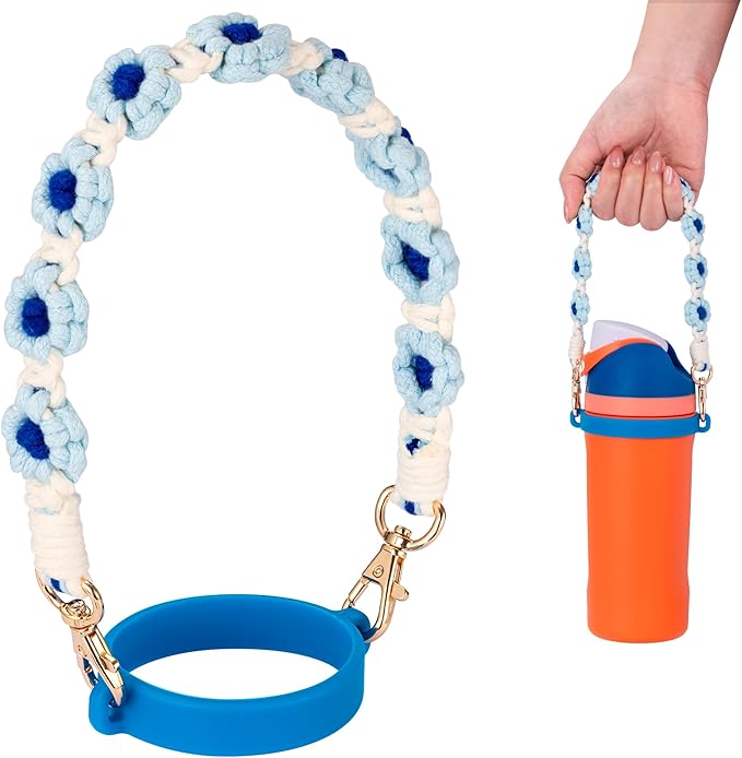 Water Bottle Handle, Hand-Woven Lanyards Silicone Water Bottle Sling, Carrier, Holder with Strap Compatible 8-40oz Stanley Cup Hydroflask Bottle Accessories-Flower Blue