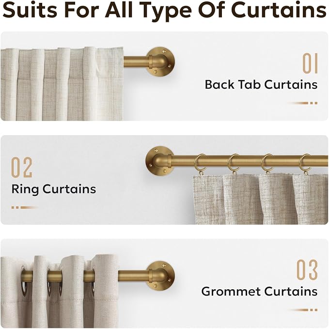 Zeerobee Curtain Rods for Windows 48 to 84, 1 Inch Industrial Wrap Around Warm Gold Curtain Rod, Indoor/Outdoor Room Divider Adjustable Drapery Pole, 48"-86"