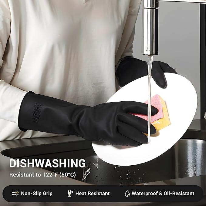 ThxToms 3 Pairs Dishwashing Gloves, Reusable Latex Cleaning Gloves for Housework Kitchen Bathroom, Durable Flexible & Anti-slip, Smooth Lining, Easy On & Off, Medium, Black