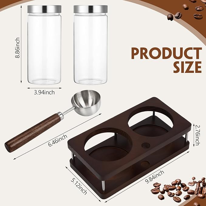 Suclain Glass Coffee Grounds Container with Shelf 2 x 44 oz Glass Coffee Bean Storage Canisters with Airtight Thread Lid and Measuring Spoon for Kitchen Sugar(Modern Style, Stainless Steel)