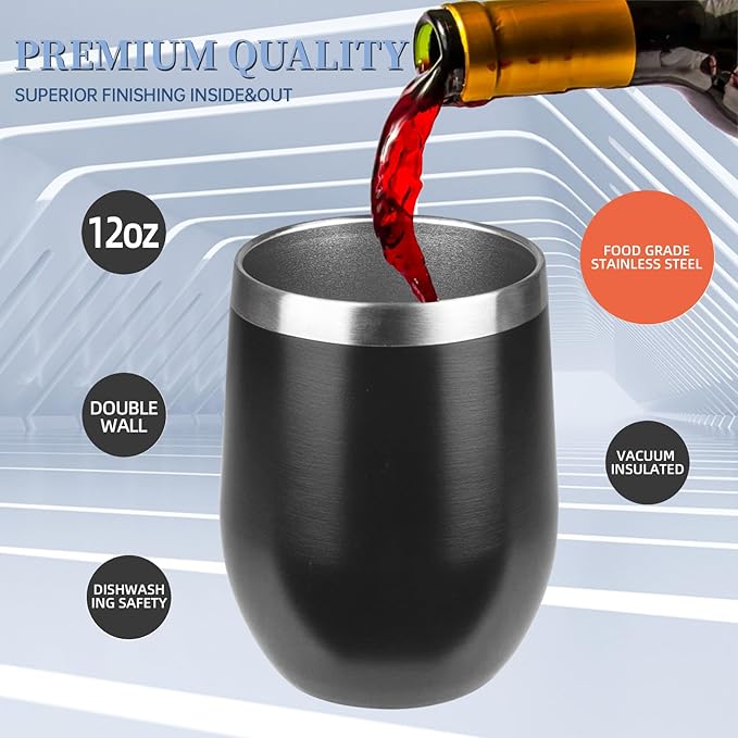 12oz/4 Pack Wine Tumbler with lid, Stainless Steel Travel Mugs Stemless Double Wall Insulated Coffee Cup, Insulated Wine Glasses Travel Tumbler for Cold & Hot Drinks(Black,4)
