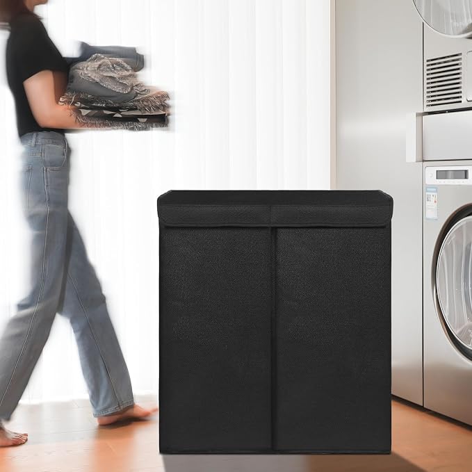 DOKEHOM 150L Extra Large Laundry Hamper with Lid, 2-Section Double Laundry Basket with Removable Mesh Liner Bags, Collapsible Clothes Sorter for Family, Bedroom, Laundry Room, Black
