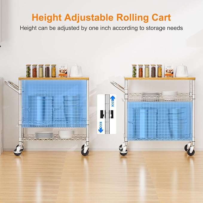 NTE Rolling Kitchen Carts on Wheels, 650Lbs Capacity 3 Tier Utility Cart with Wood Tabletop, Kitchen Storage Cart with 8 Hooks, Metal Serving Cart with Handle and Shelf Liners for Kitchen, Restaurant