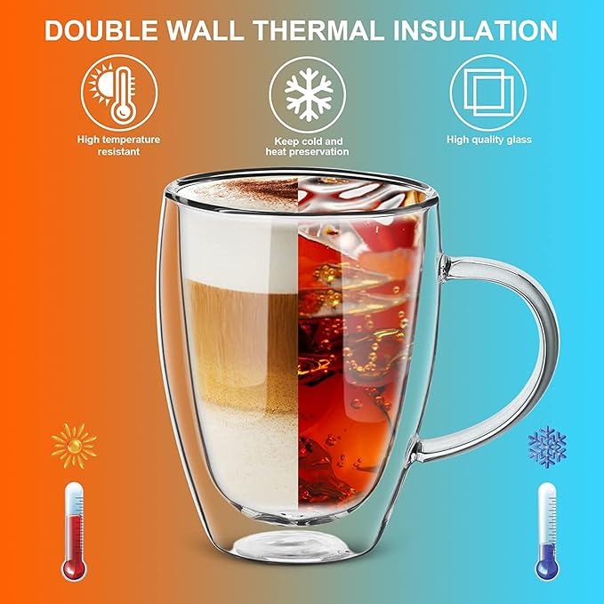 12 oz Double Walled Glass Coffee Mugs, Clear Glass Mug Set of 4, Insulated Borosilicate Glass Coffee Cups with Handle, Espresso Mugs for Cappuccino, Latte, Tea, Hot/Cold Drink