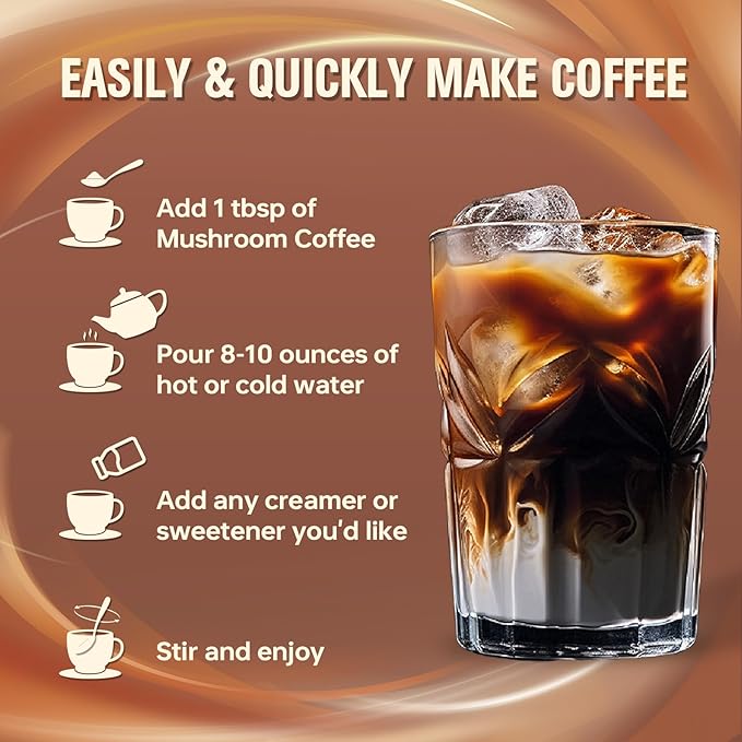 Mushroom Coffee, Instant Mushroom Coffee Powder with 6 Adaptogenic Mushrooms (Cordyceps, Lion’s Mane, Shiitake, Turkey Tail) and MCT Oil for Better Energy, Focus, Immune Support - 30 Servings