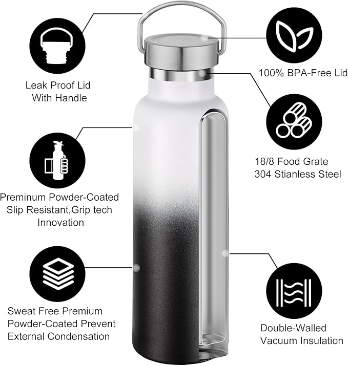 Neihepal 20 oz Insulated Water Bottles Bulk 4 Pack,Stainless Steel Double Wall Sport Bottle with Lid of Handle,Metal Reusable Thermoses Flask for School,Cyclists,Hikers,Gift (White-Black,Set of 4)