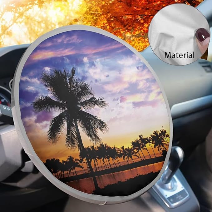 Steering Wheel Sun Shade Cover for Car SUV Van Truck Vehicle Steering Wheel Protector Steering Wheels Accessories Keep Cool in Summer, Sunset Glow Beach Coconut Tree Pattern
