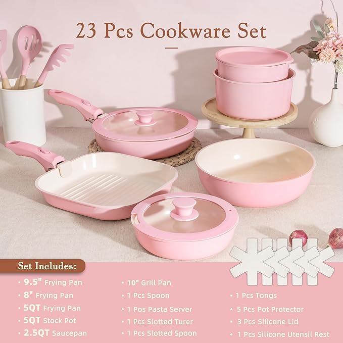 Astercook 23 Pcs Pots and Pans Set Non Stick, Ceramic Cookware Set Detachable Handle, RV Kitchen Cooking Set Removable Handles, Oven Safe, Induction Ready, Stackable, Pink, Mothers Day Gifts