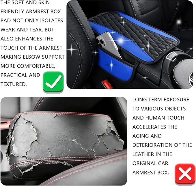 Patchwork Leather Center Console Cover, Upgraded Car Armrest Cover with 2 Storage Bags, Universal Arm Rest Covers for Car, Vehicle Interior Accessories Middle Console Cushion Organizer (Blue)