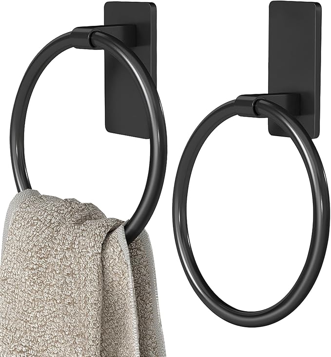 STWWO Adhesive Towel Holder, Hand Towel Holder for Bathroom, Self Adhesive Hand Towel Rings, Black, 2 Pack