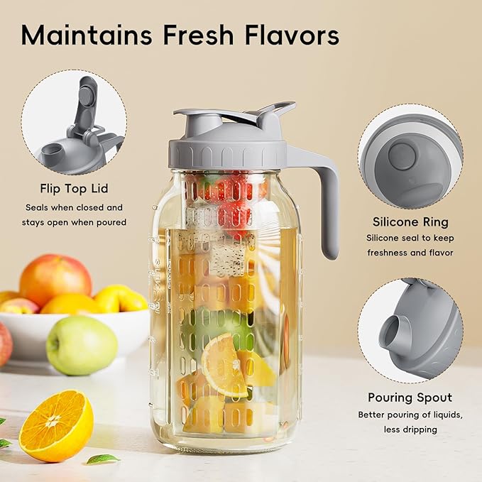 64 oz Fruit Water Infuser Pitcher, Heavy Duty Wide Mouth Glass Pitcher with Lid and Pour Spout, Tea Jug Airtight Seal for Freshness and Convenience, Great for Cold Beverages, Breast Milk